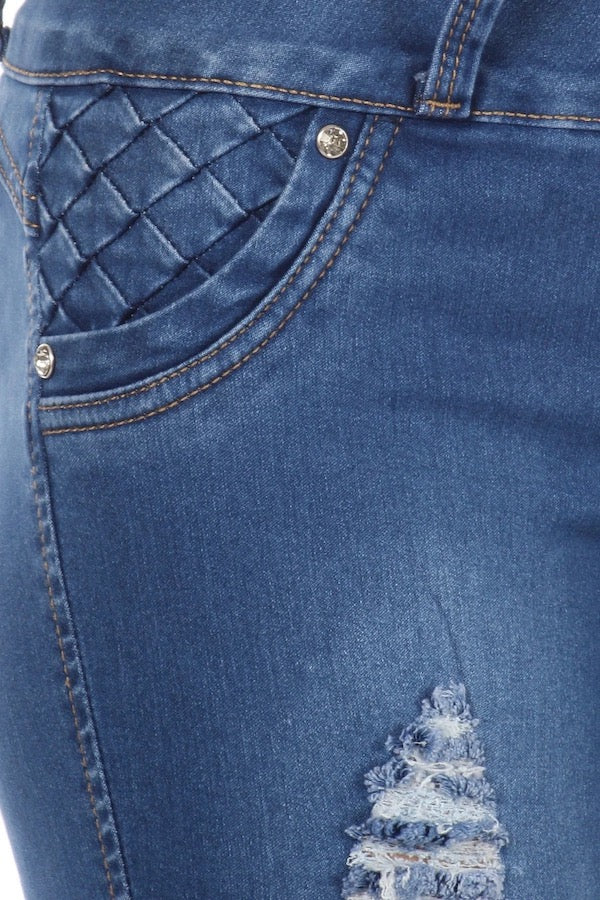 Close up of Mid Rise Ripped Jeans W/ Embellished Pockets