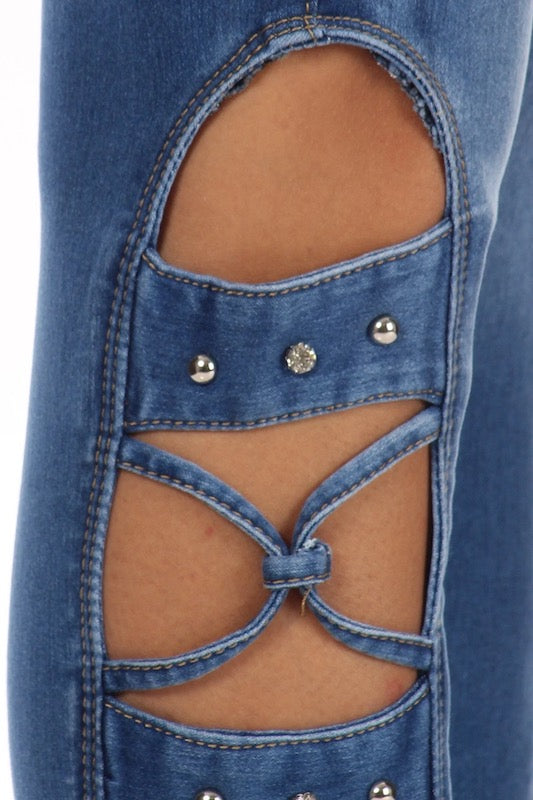 Close up of Pocketless Diamond Jeans in Blue 