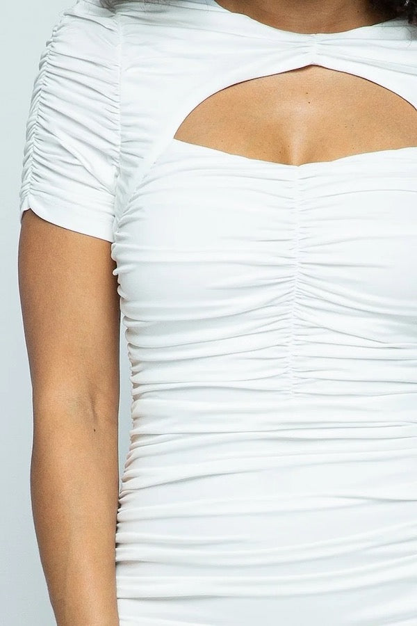 Close up of Peek A Boo Short Sleeve Wrinkle Dress in White Color