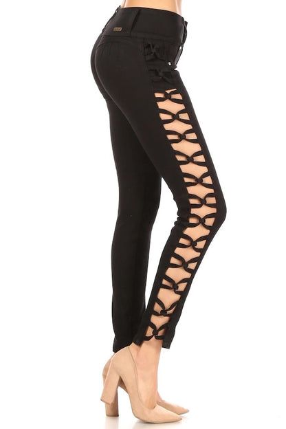 Side of Avery No Pocket Jeans W/ Side Knots in Black