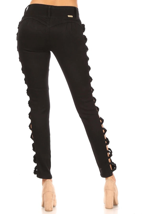 Back of Avery No Pocket Jeans W/ Side Knots in Black