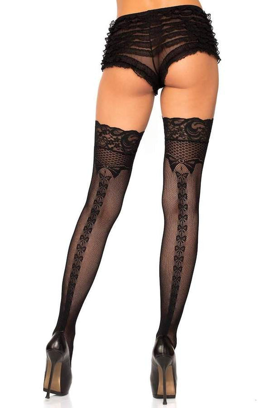 Bow Backseam Fishnet Thigh Highs - Black - Back View