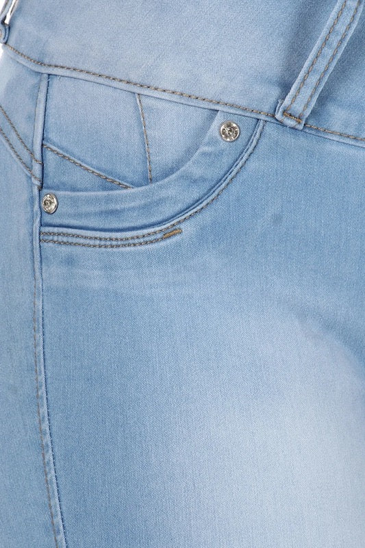 Close up of Classic No Pocket Jeans in Light Blue