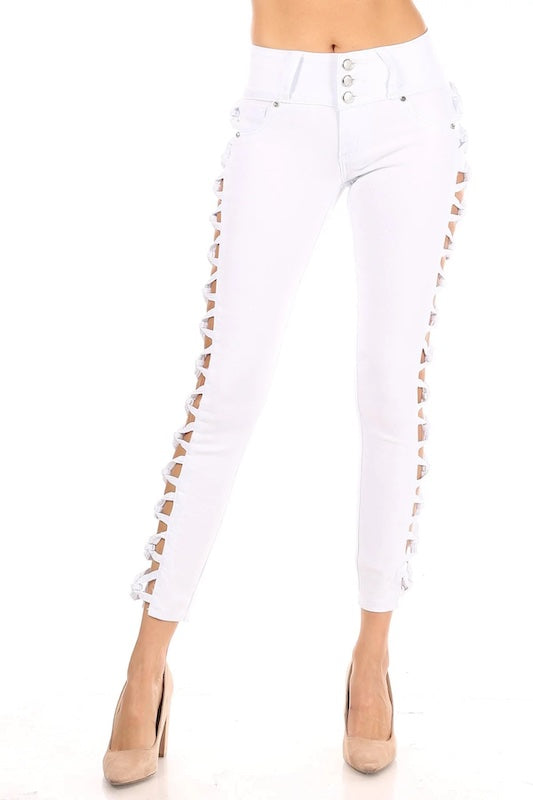Avery No Pocket Jeans W/ Side Knots in Color white