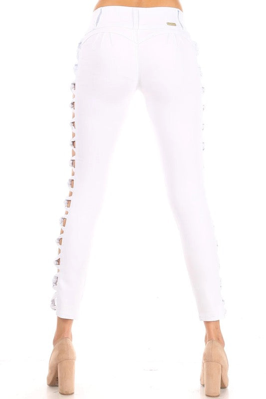 Back of Avery No Pocket Jeans W/ Side Knots in Color white