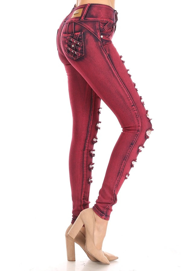 Side of Distressed Studded Jeans in Red Color