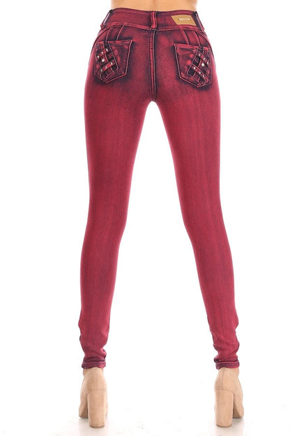 Back of Distressed Studded Jeans in Red Color