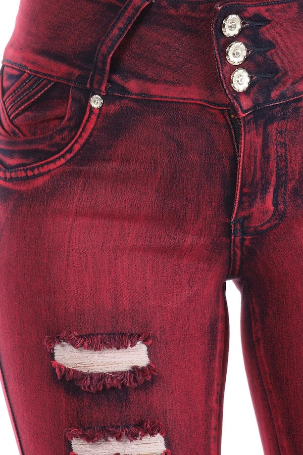 Close up of Distressed Studded Jeans in Red Color