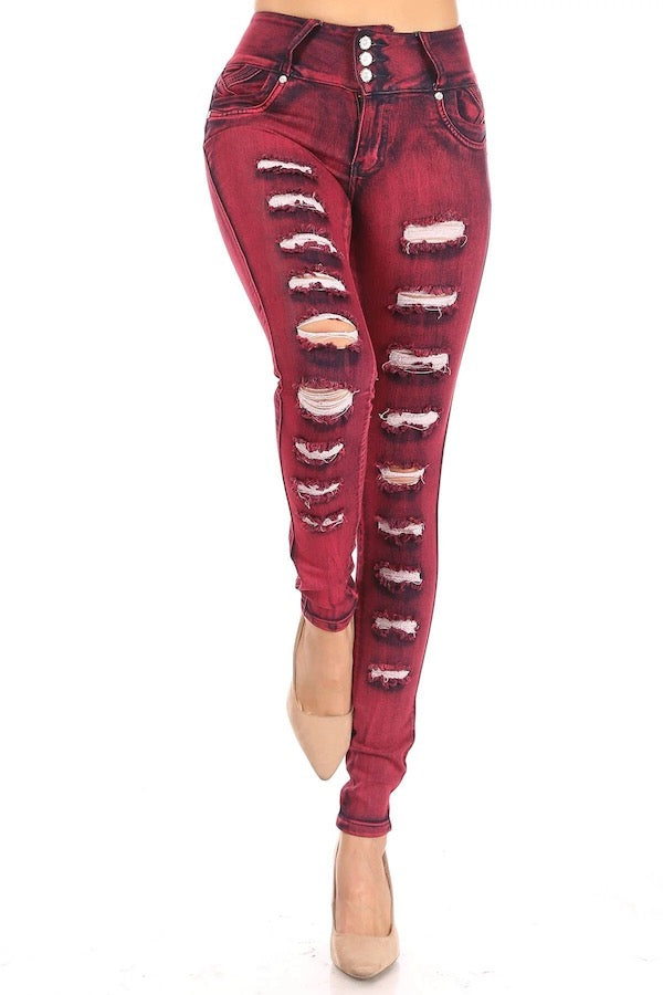 Distressed Studded Jeans in Red Color