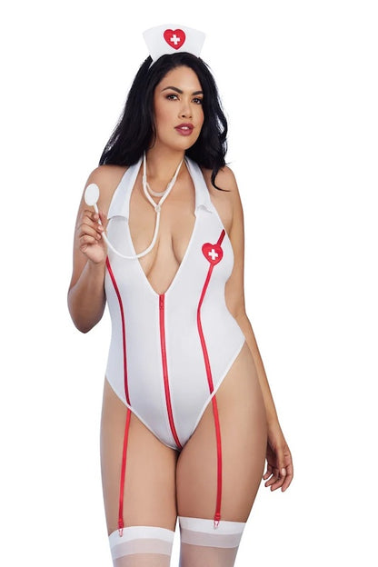 front of Nurse Naughty on model