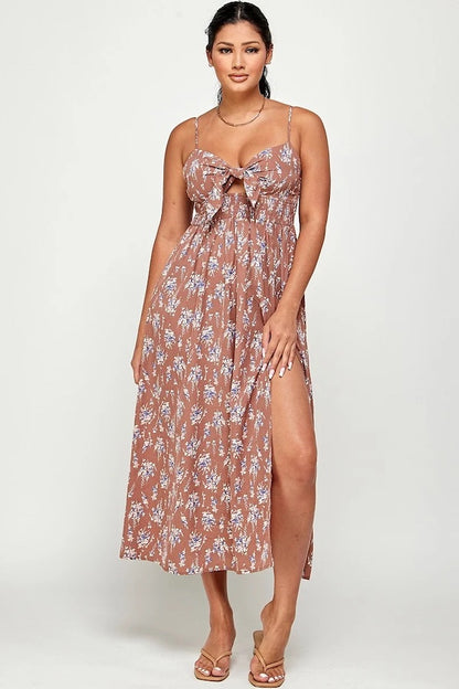 Flower Rain Slit Open Maxi Dress - Cocoa