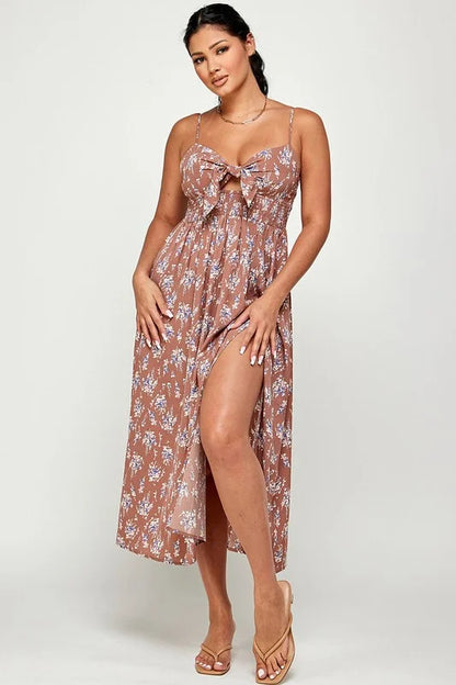 Flower Rain Slit Open Maxi Dress - Cocoa