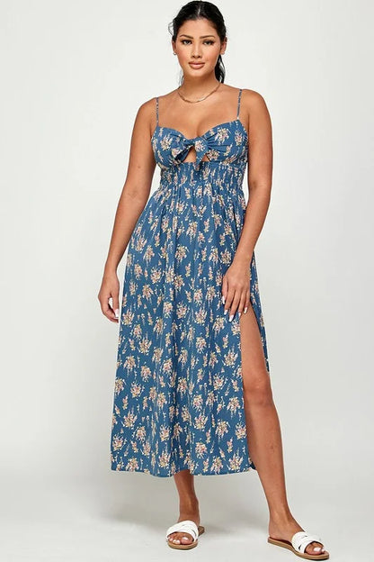 Flower Rain Slit Open Maxi Dress - Blue