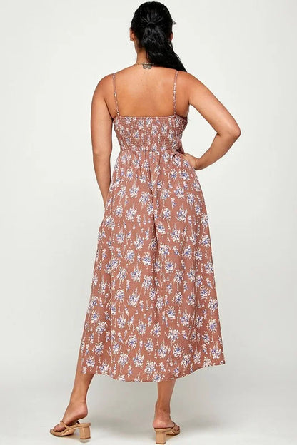 Flower Rain Slit Open Maxi Dress - Cocoa - Back View