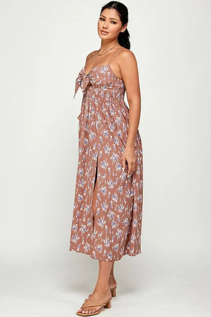 Flower Rain Slit Open Maxi Dress - Cocoa