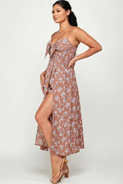 Flower Rain Slit Open Maxi Dress - Cocoa
