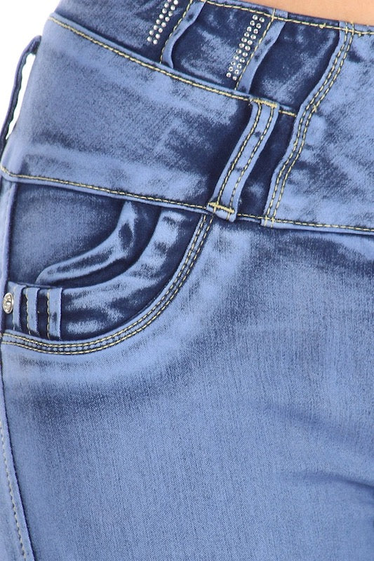 Close up of Bear's Claw Studded Jeans in Blue