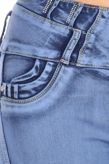 Close up of Bear's Claw Studded Jeans in Blue
