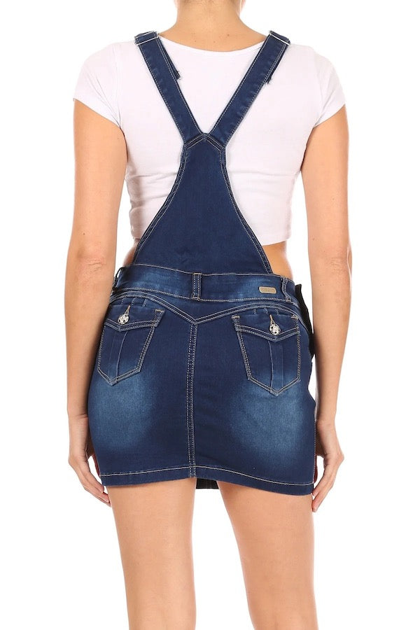 Layla Denim Overall Skirt With Pockets - Navy - Back View