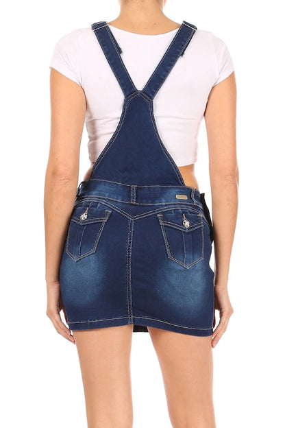Layla Denim Overall Skirt With Pockets - Navy - Back View