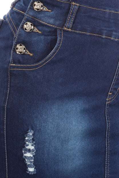 Layla Denim Overall Skirt With Pockets - Navy - Close Up