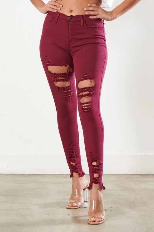 Classic Distressed Legs Jeans in Burgundy Color