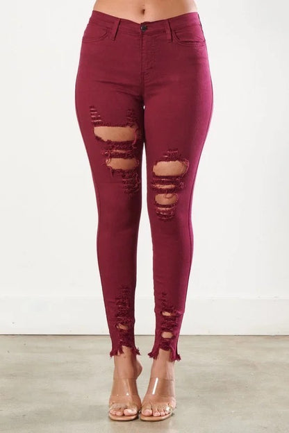 Classic Distressed Legs Jeans in Burgundy Color
