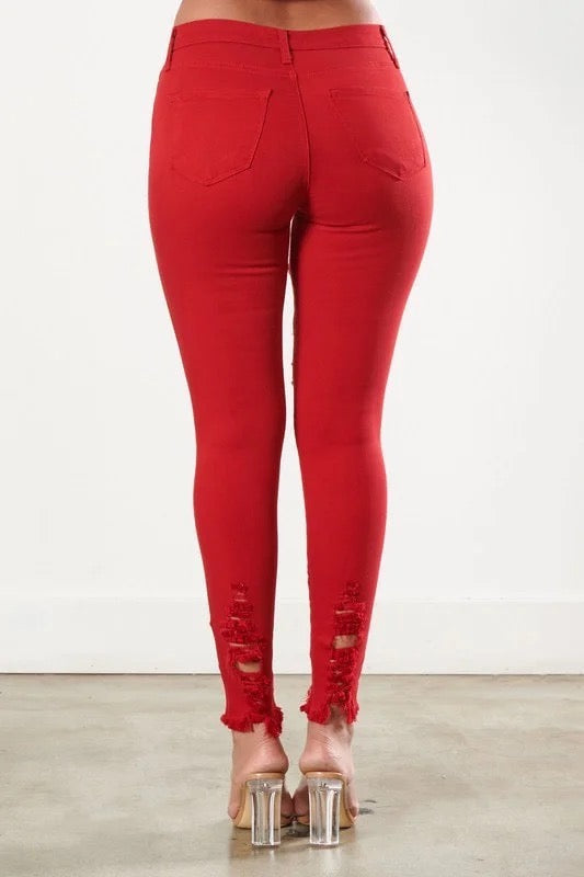 Back o Classic Distressed Legs Jeans in Red