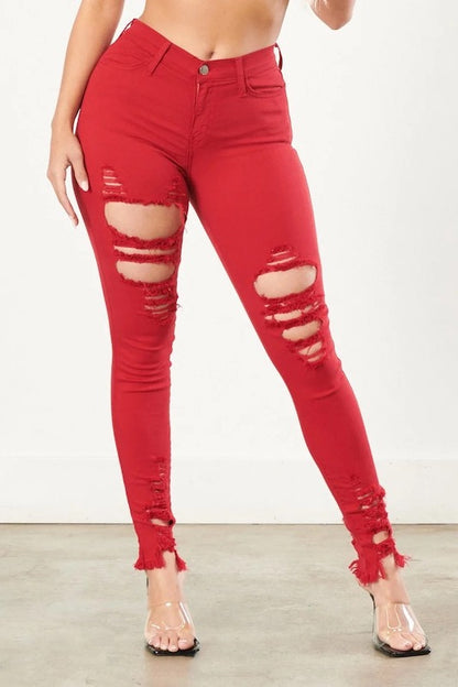 Classic Distressed Legs Jeans in Red