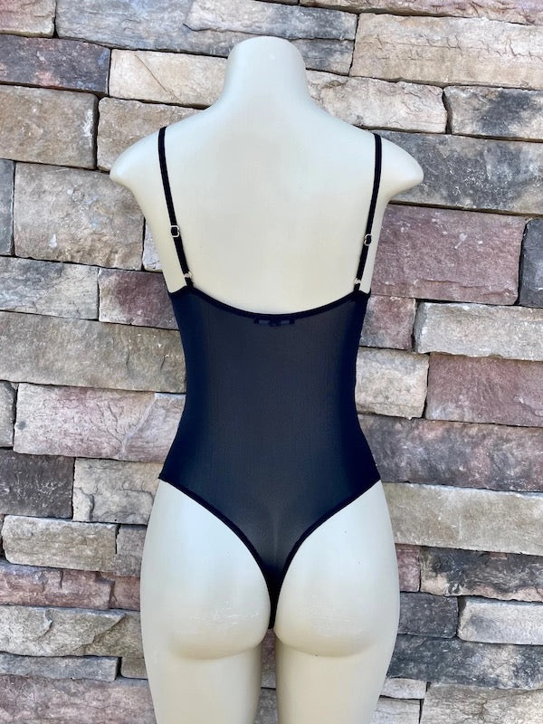 Caged Lace Mesh Bodysuit Top - Black - Back View