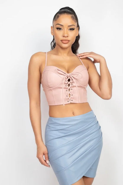 Cross The Line Faux Leather Lace-Up Tank Top - Pink