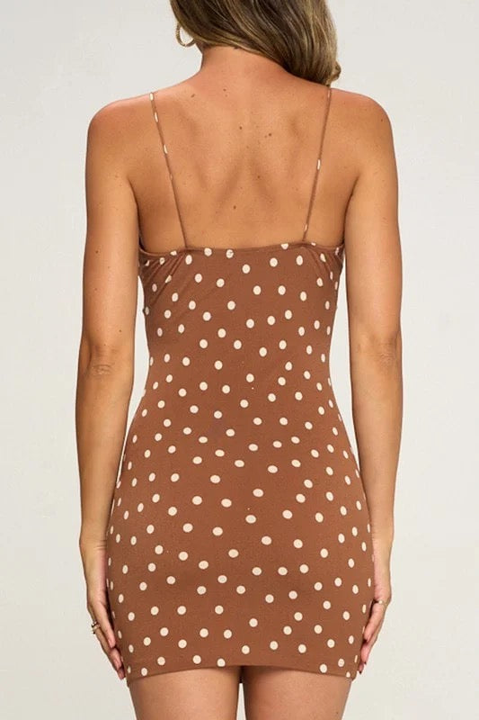 Back of Buttercup Polka Dot Mini Dress in Brown 