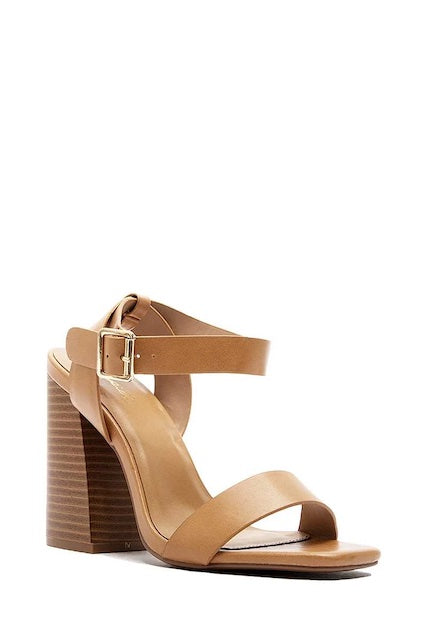 Tan Pu Chandler 51 High Thick Square Buckle Strap Heels
