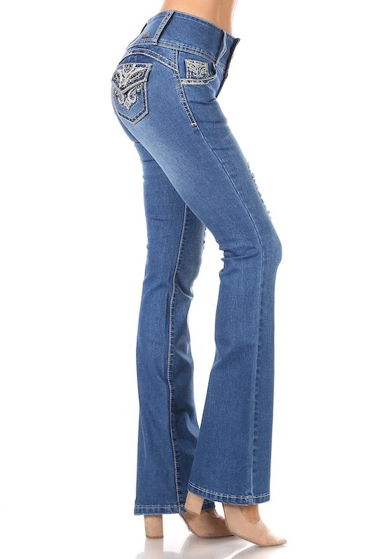 Side of Pretty Pockets High Waist Bootcut Jeans in Blue Color