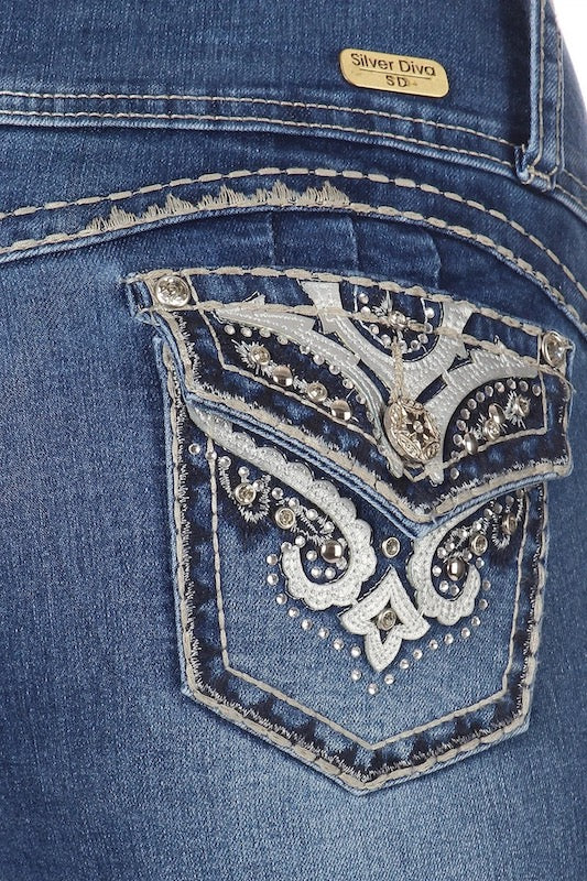 Close up of Pretty Pockets High Waist Bootcut Jeans in Blue Color
