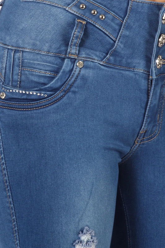 Close up of Gloria Studded, No Pockets, Jeans in Blue