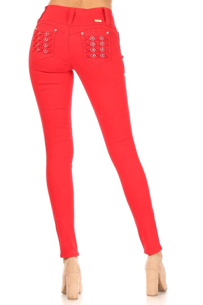 back of Lucia Hot Red Bling Jeans in Red