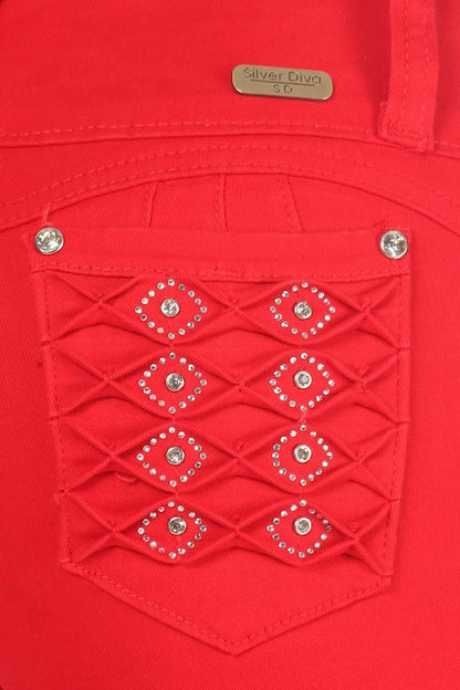 Close up of Lucia Hot Red Bling Jeans in Red