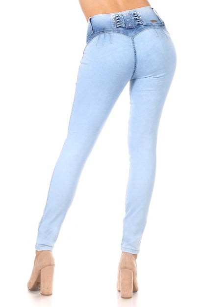 Back of Chika No Pocket Bling Jeans in Light Blue