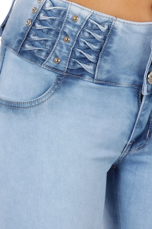 Close up of Chika No Pocket Bling Jeans in Light Blue