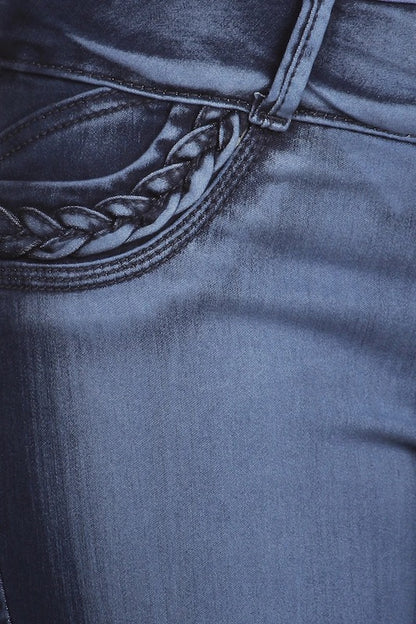 close up of Elsa Braided No Pocket Jeans in Navy Color