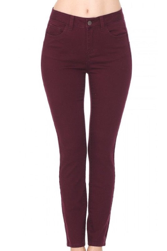 Daya Push-Up High-Rise Colored Twill Pants in Burgundy Color