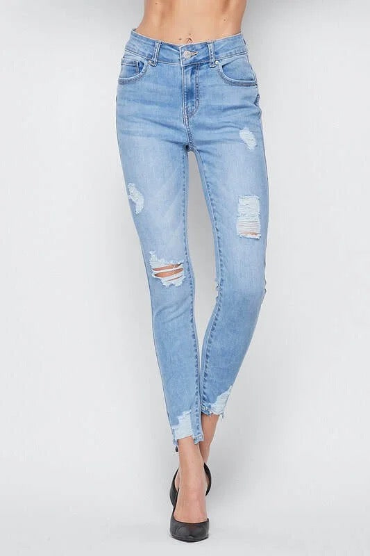 Figure Hugging Distressed Skinny Jeans in Light Blue Color