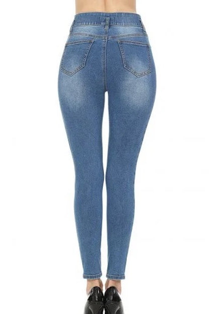 Back of Maribella High Rise Stretch Tummy Control Skinny Jeans in Blue