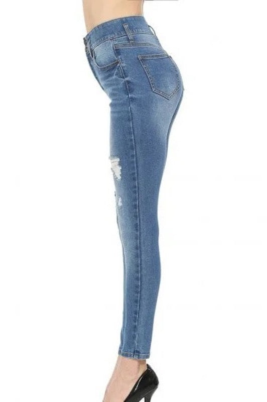 Side of Maribella High Rise Stretch Tummy Control Skinny Jeans in Blue