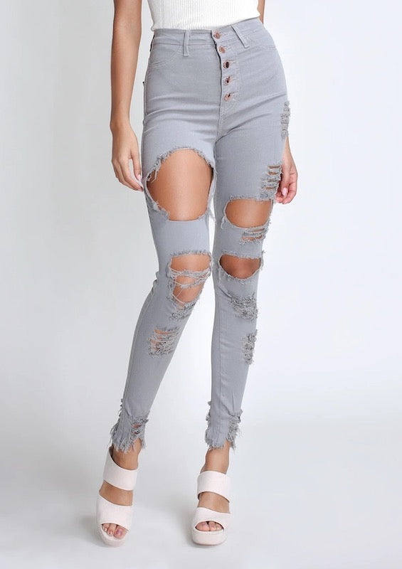 Classic 5 Button Distressed Skinny Jeans - Grey