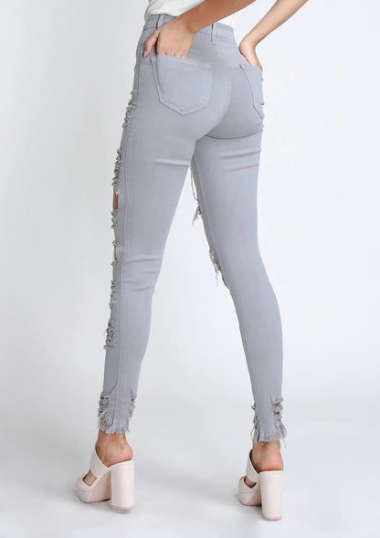 Classic 5 Button Distressed Skinny Jeans - Grey