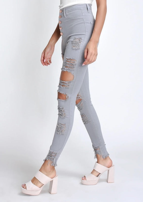 Classic 5 Button Distressed Skinny Jeans - Grey