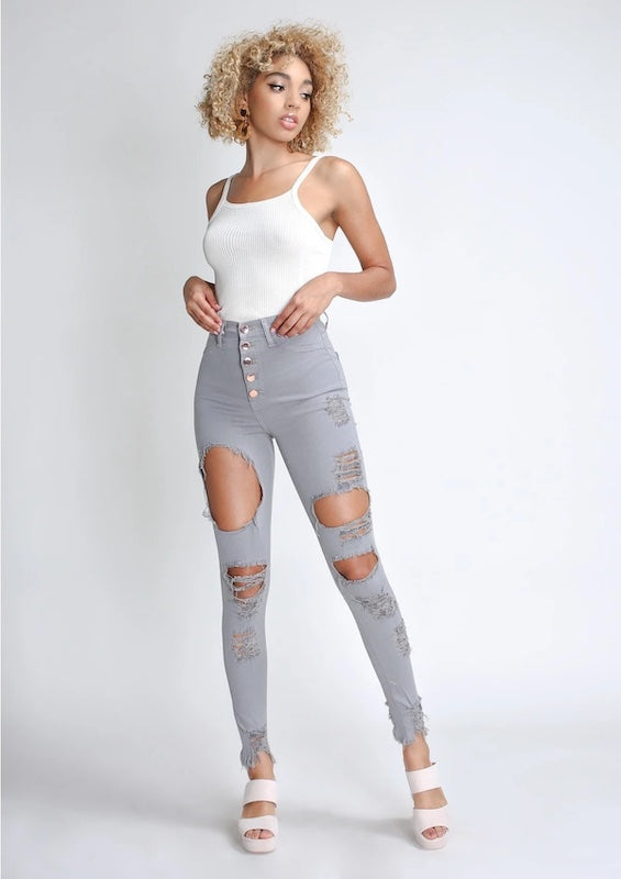 Classic 5 Button Distressed Skinny Jeans - Grey