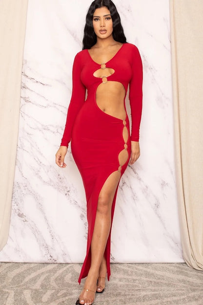 Sexy Multi Metal Key Ring Cutout Maxi Dress - Red